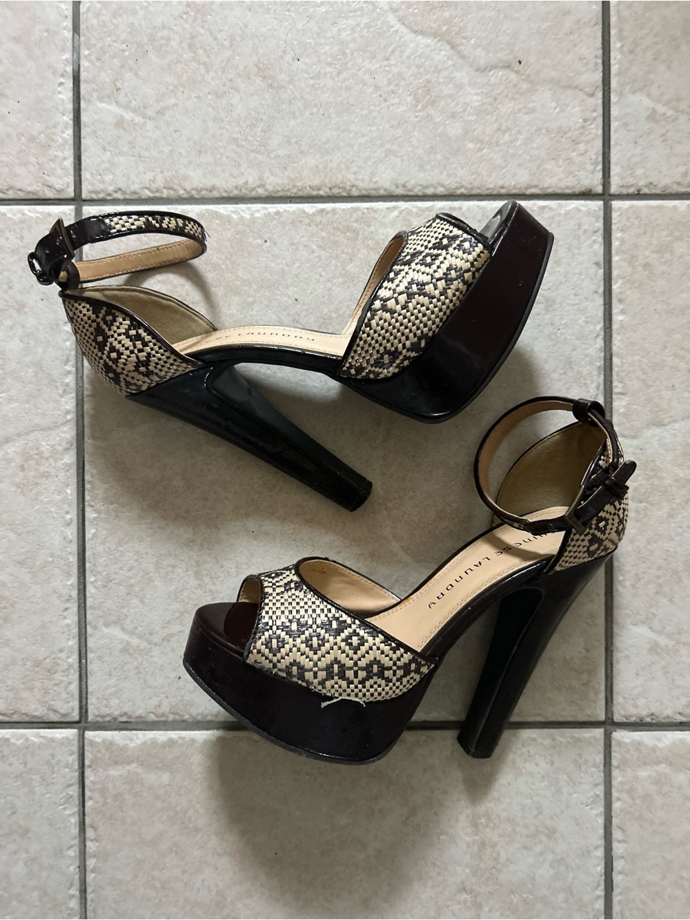 Platform Ankle-Strap Heels in Beige Snake Print